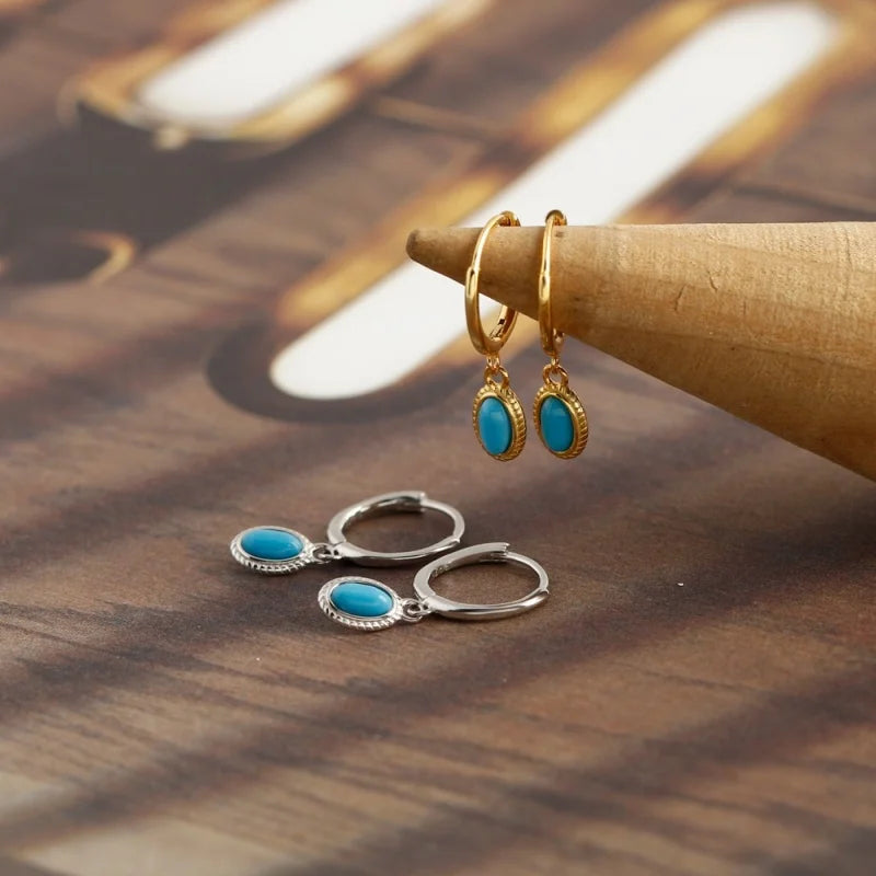 WANTME Sterling Silver Turquoise Hoop Earrings