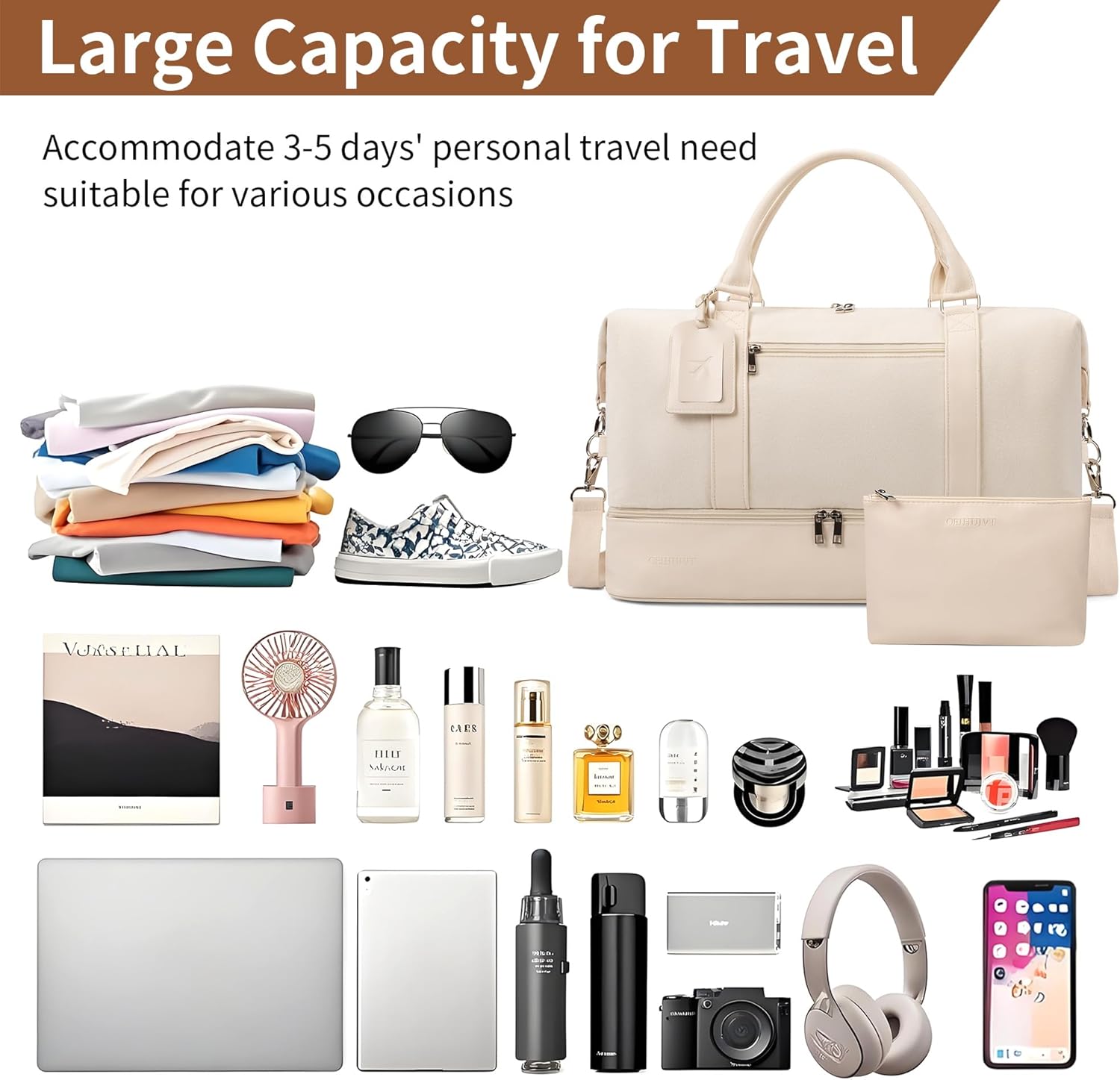 Weekender Bags for Women - 21 Inch Large Travel Duffel Bag 2-Piece Set with Shoe Compartment, Heavy-Duty Canvas & Leather Carry On Overnight Tote (Airplane Approved) - Image 2